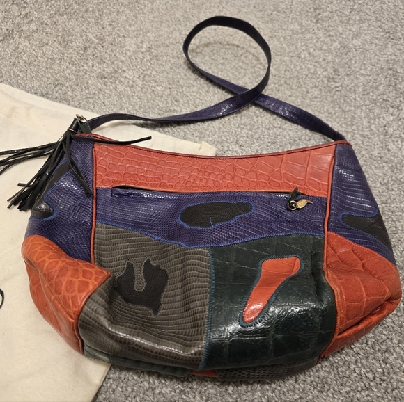 Vintage Sharif Multicolored Lizard/ Croc Patchwork Crossbody/Shoulderbag - Picture 2 of 14